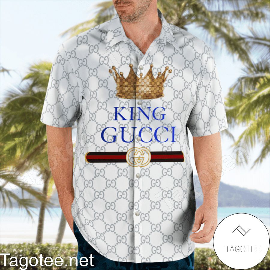 All Over Print King Gucci White Monogram Hawaiian Shirt And Beach Shorts