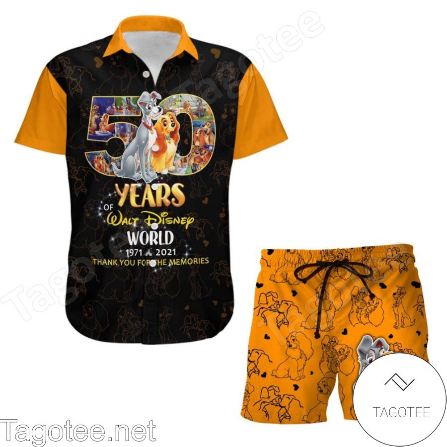 Lady & Tramp 50th Anniversary Glitter Disney Castle Black Orange Hawaiian Shirt And Short