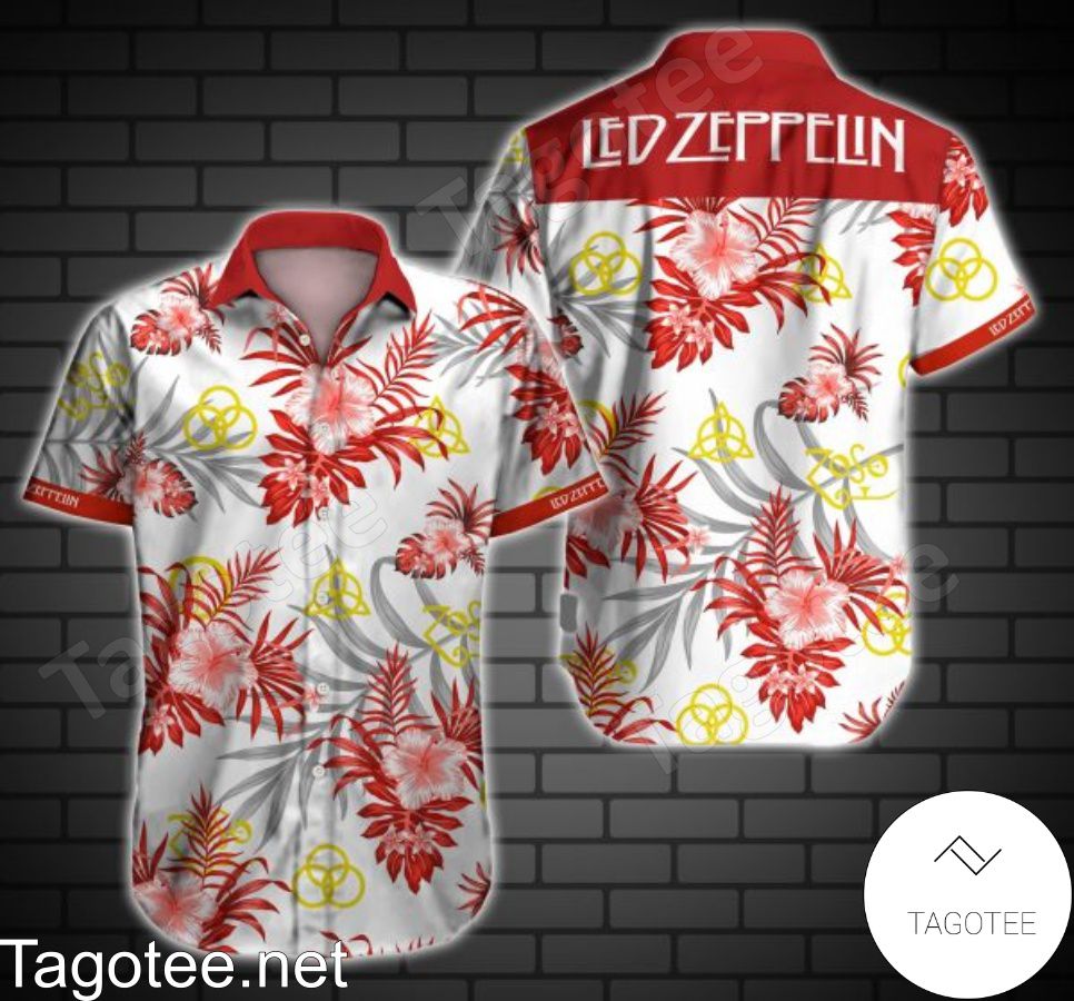 Led Zeppelin Red Tropical Pattern White Hawaiian Shirt