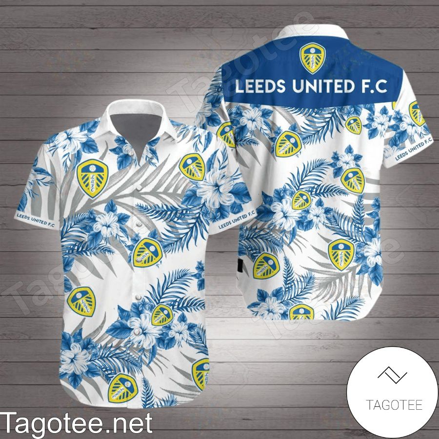 Leeds United Fc Blue Tropical Floral White Hawaiian Shirt