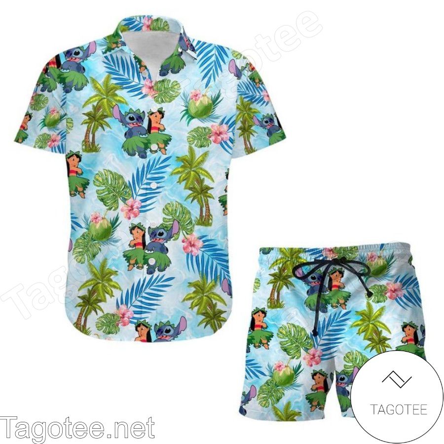 Lilo & Stitch Disney Cartoon Graphics Palm Tree Hawaiian Shirt And Short