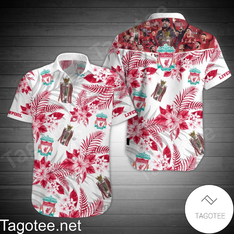 Liverpool Champions Red Hibiscus And Palm Leaves Hawaiian Shirt