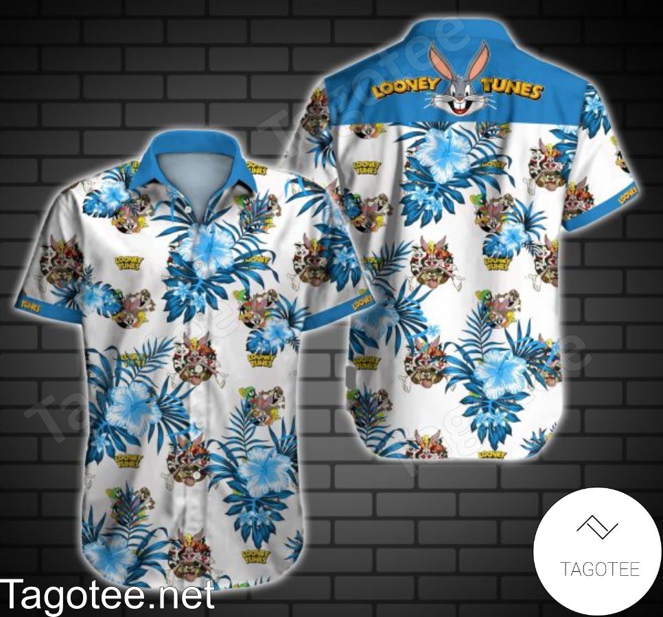 Looney Tunes Blue Tropical Floral White Hawaiian Shirt