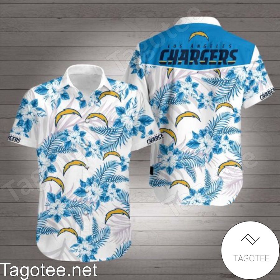 Los Angeles Chargers Blue Tropical Floral White Hawaiian Shirt
