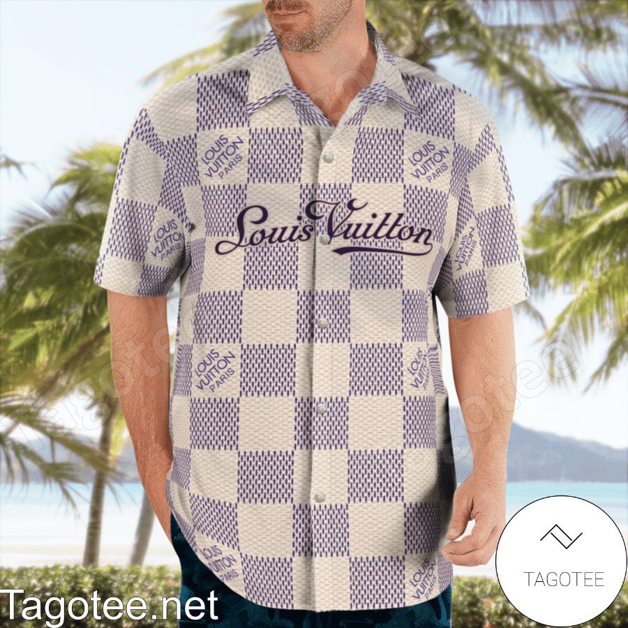 Louis Vuitton Beige And Purple Checkerboard Hawaiian Shirt And Beach Shorts a