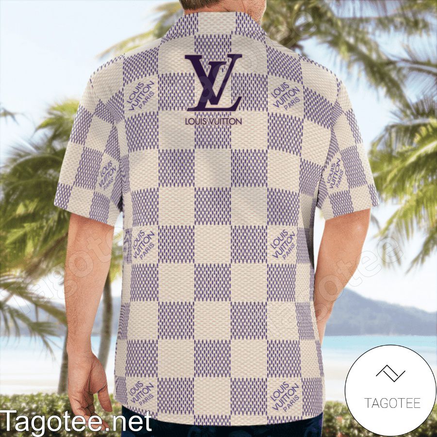 Louis Vuitton Beige And Purple Checkerboard Hawaiian Shirt And Beach Shorts b