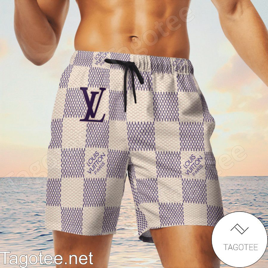 Louis Vuitton Beige And Purple Checkerboard Hawaiian Shirt And Beach Shorts c