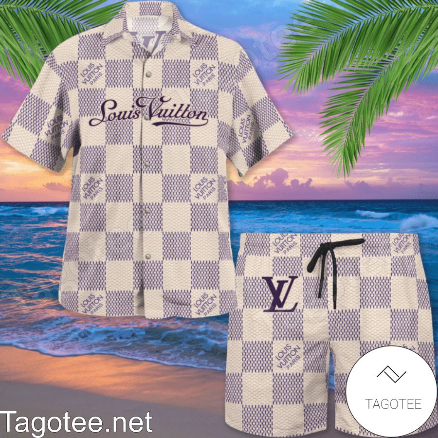 Louis Vuitton Beige And Purple Checkerboard Hawaiian Shirt And Beach Shorts