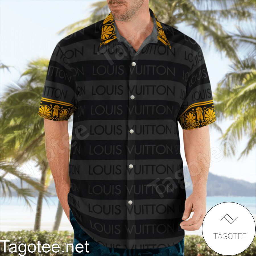 Louis Vuitton Black And Grey Horizontal Stripes Hawaiian Shirt And Beach Shorts a