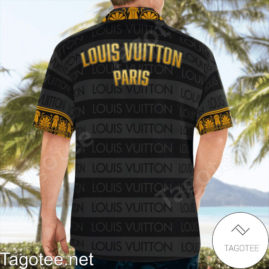 Best Shop Louis Vuitton Black And Grey Horizontal Stripes Hawaiian Shirt And Beach Shorts