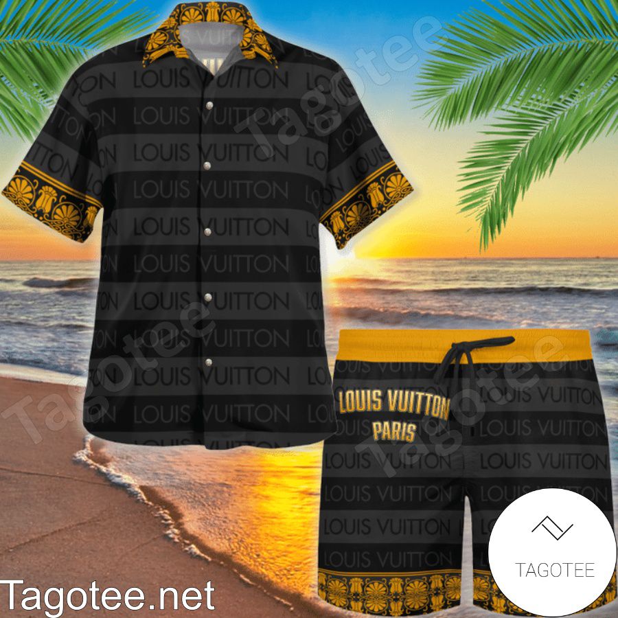 Louis Vuitton Black And Grey Horizontal Stripes Hawaiian Shirt And Beach Shorts