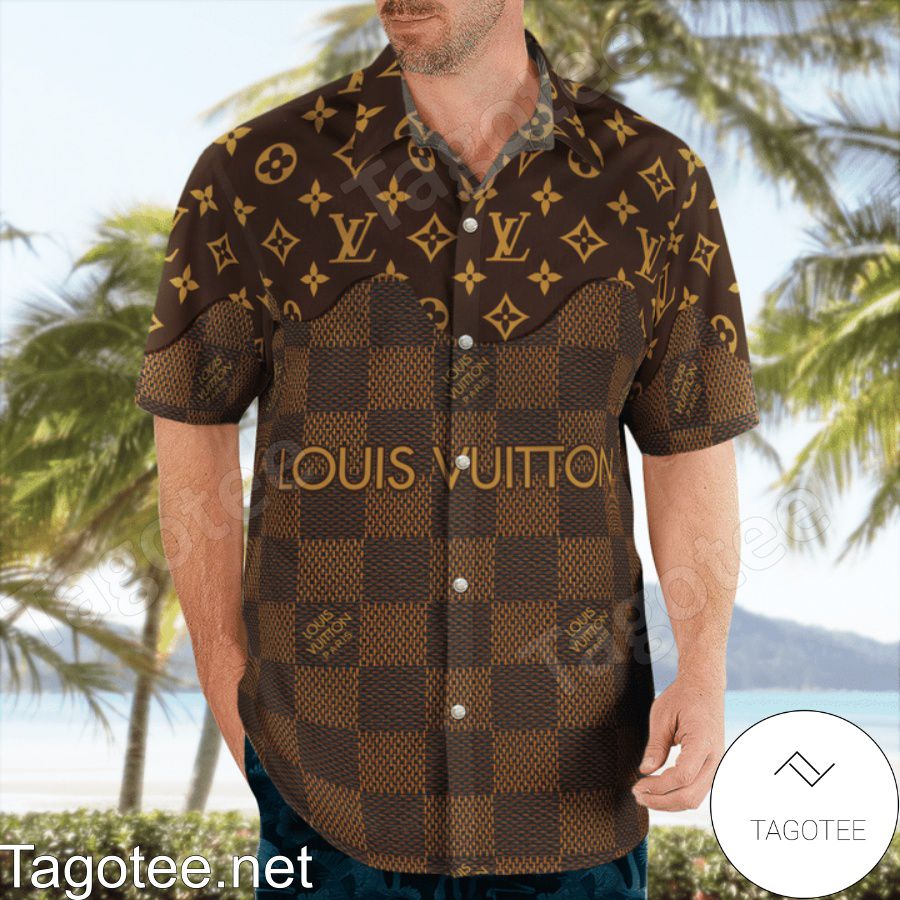 Vibrant Louis Vuitton Dark Brown Checkerboard Mix Logo Monogram Hawaiian Shirt And Beach Shorts