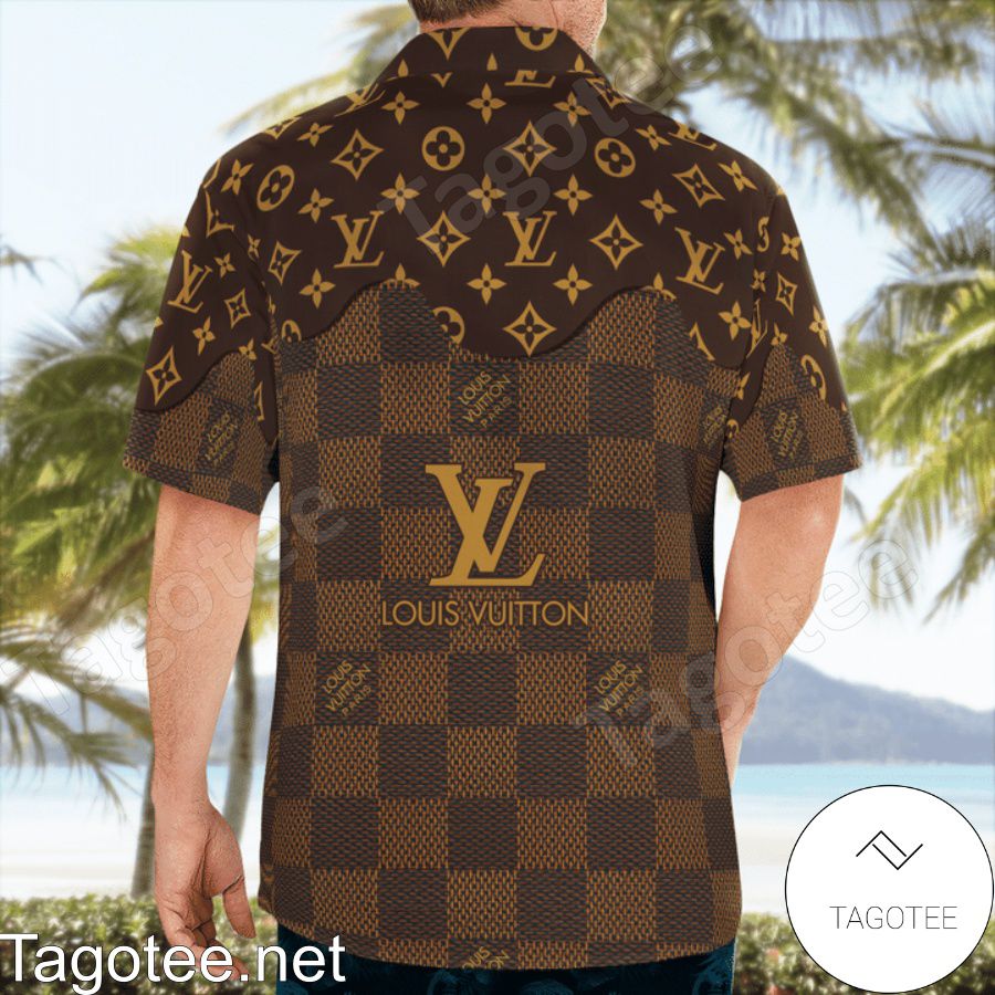 Review Louis Vuitton Dark Brown Checkerboard Mix Logo Monogram Hawaiian Shirt And Beach Shorts
