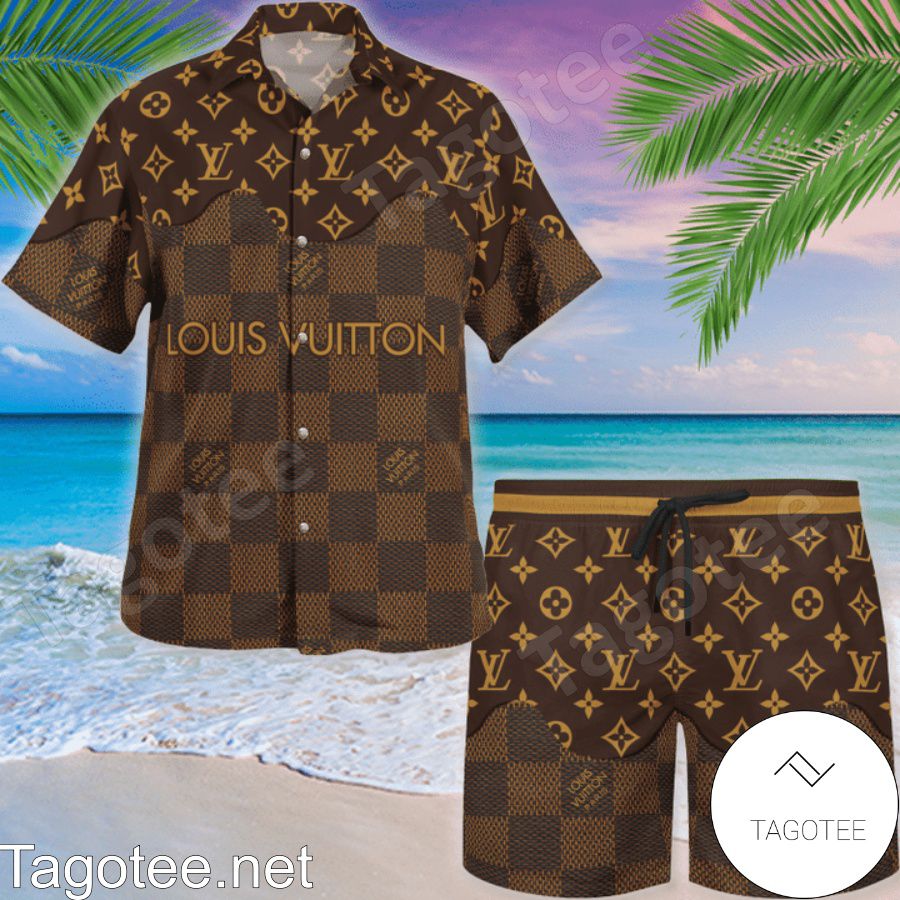 Get Here Louis Vuitton Dark Brown Checkerboard Mix Logo Monogram Hawaiian Shirt And Beach Shorts