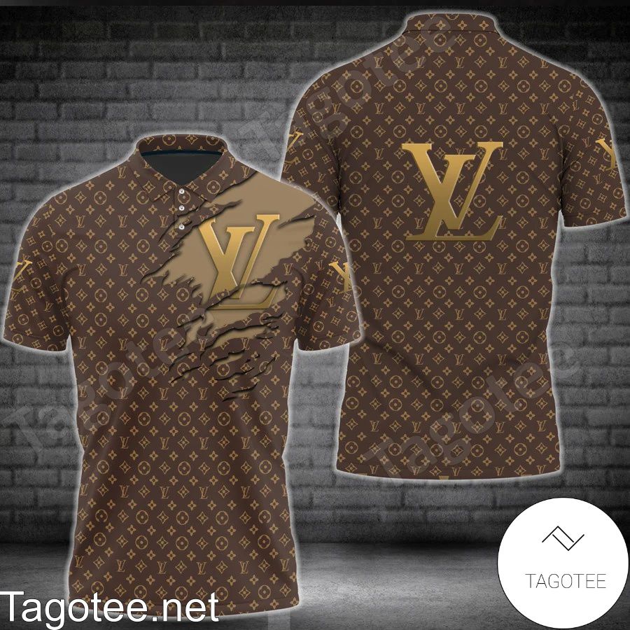 Louis Vuitton Dark Brown Monogram With Ripped Lv Logo Polo Shirt - Tagotee
