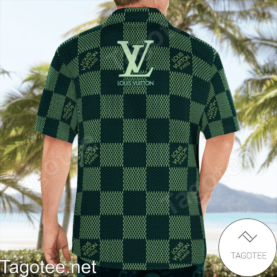 Louis Vuitton Grey Checkerboard And Green Checkerboard Polo Shirt - Tagotee