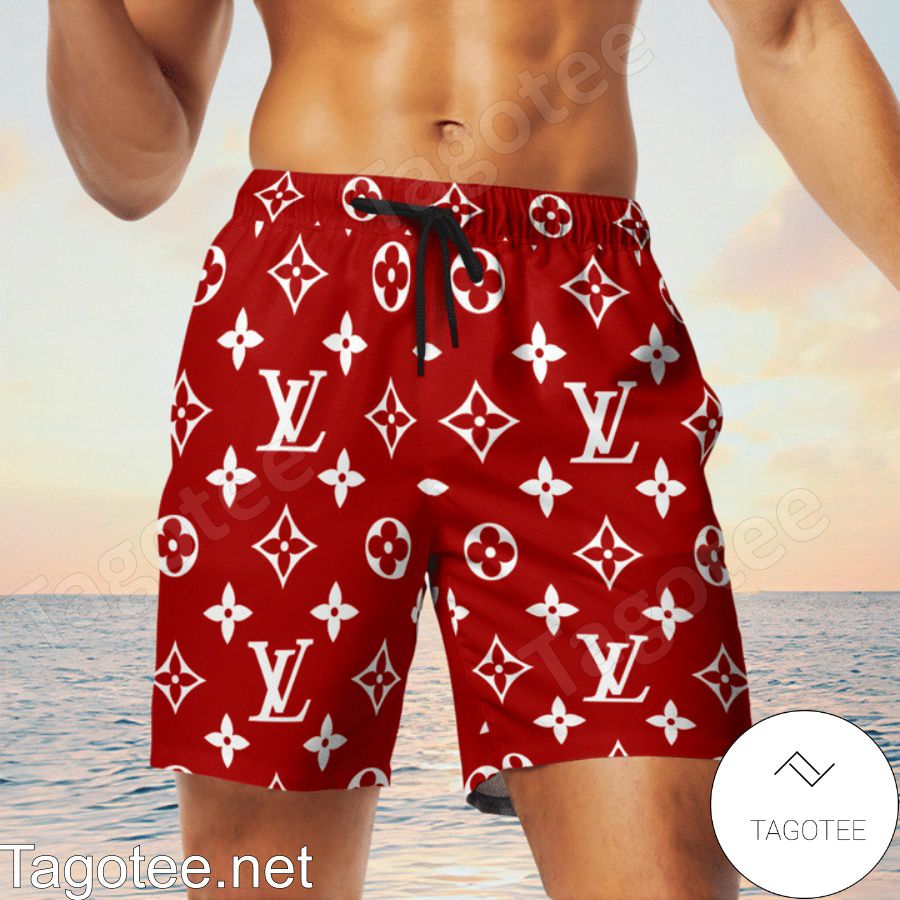 Louis Vuitton Logo Monogram Red Hawaiian Shirt And Beach Shorts - Tagotee