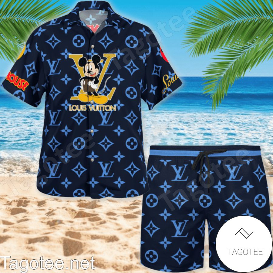Hot Deal Louis Vuitton Mickey Mouse Navy Monogram Hawaiian Shirt And Beach Shorts