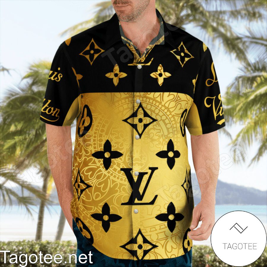 Louis Vuitton Monogram Black Mix Gold Hawaiian Shirt And Beach Shorts a