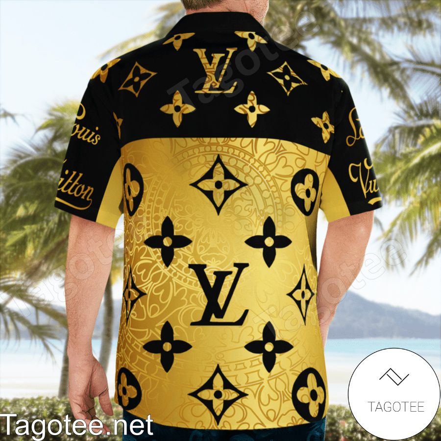 Louis Vuitton Monogram Black Mix Gold Hawaiian Shirt And Beach Shorts b