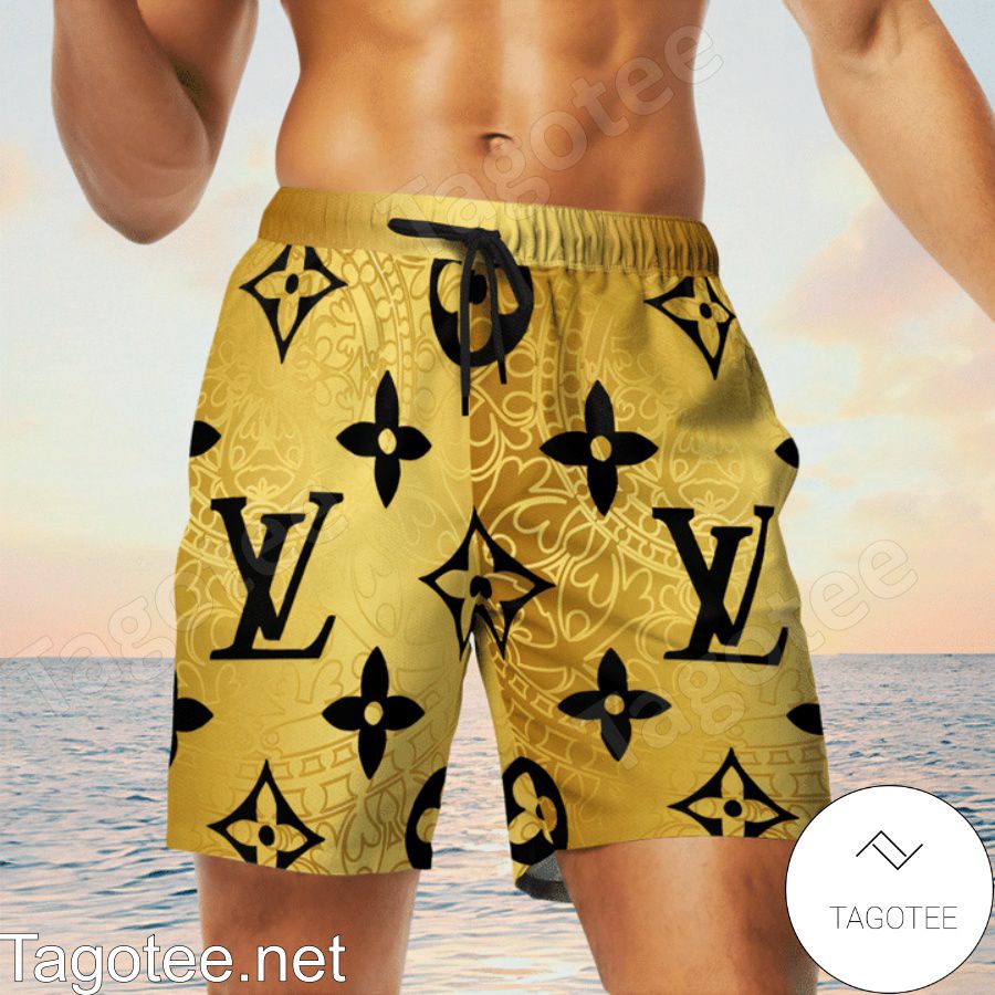 Louis Vuitton Monogram Black Mix Gold Hawaiian Shirt And Beach Shorts c