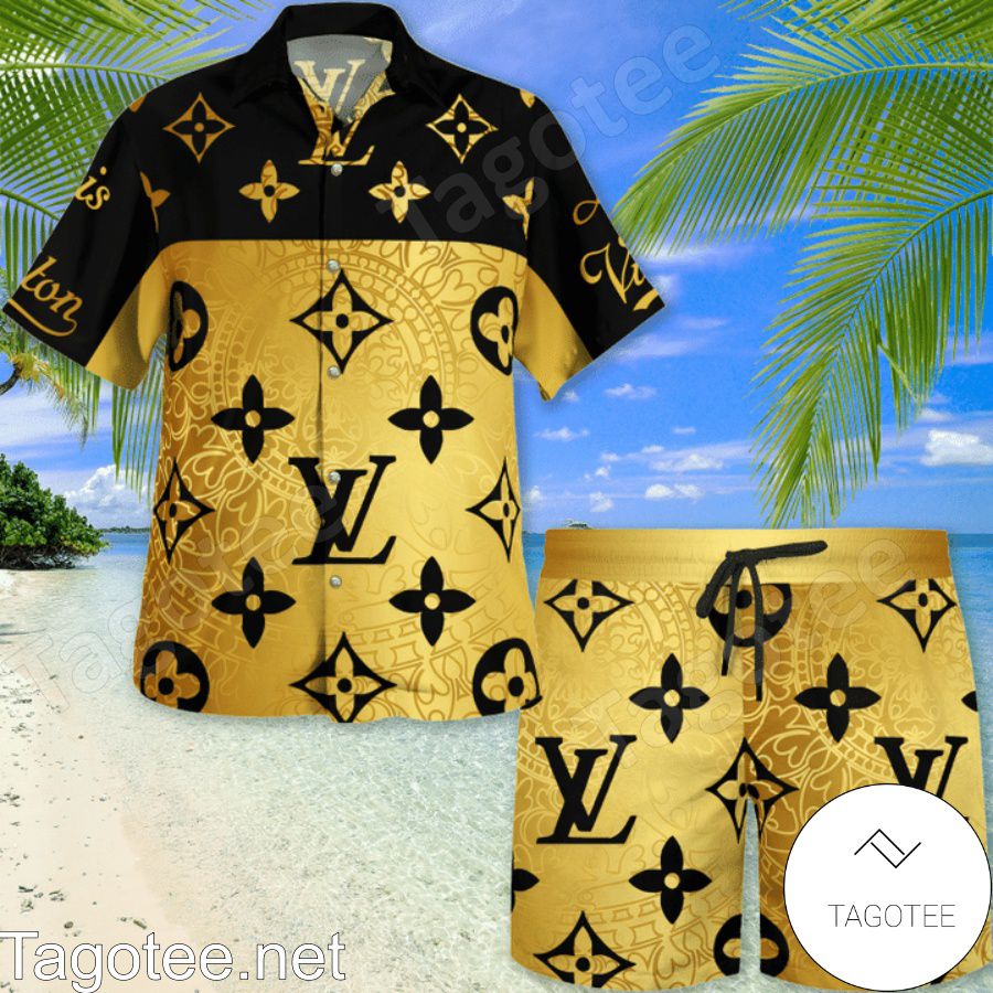 Louis Vuitton Monogram Black Mix Gold Hawaiian Shirt And Beach Shorts x