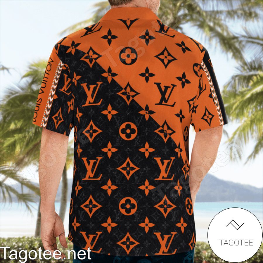 Print On Demand Louis Vuitton Monogram Black Mix Orange Hawaiian Shirt And Beach Shorts