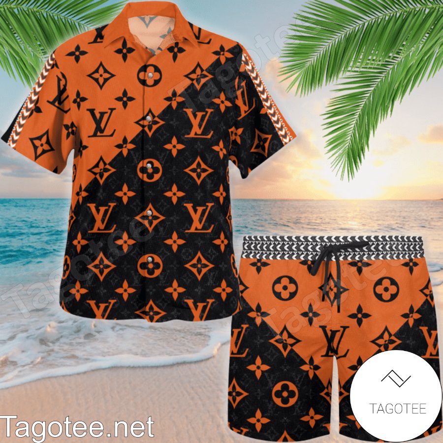 Review Louis Vuitton Monogram Black Mix Orange Hawaiian Shirt And Beach Shorts