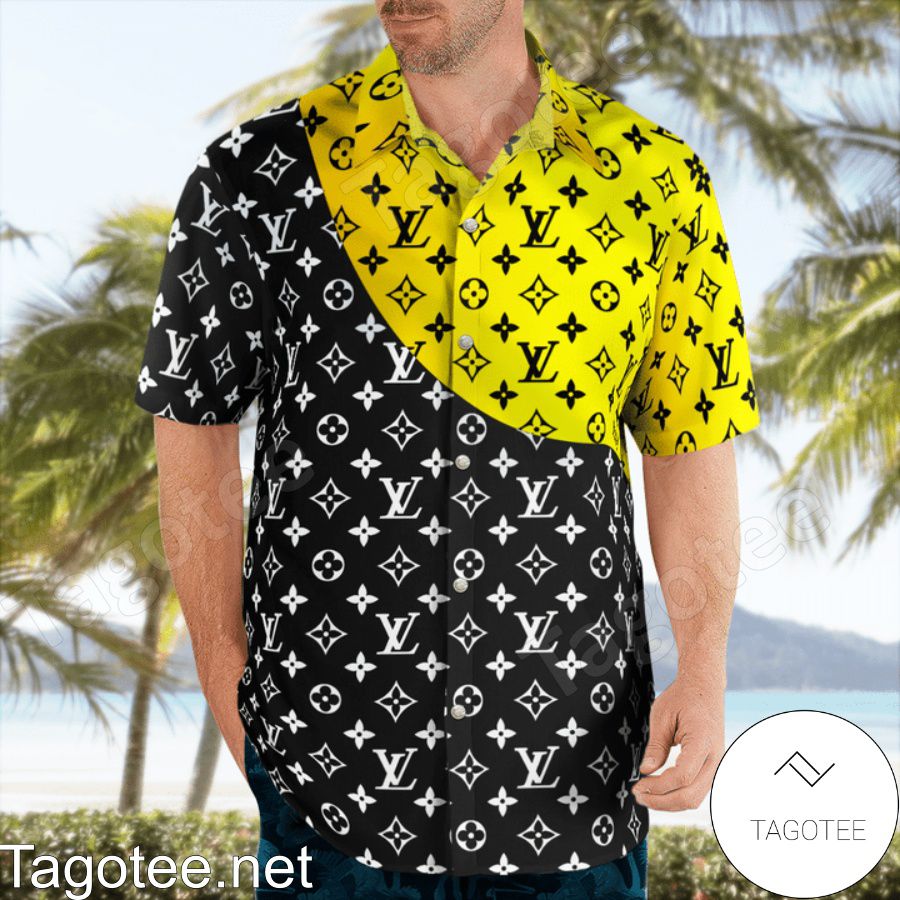 Official Louis Vuitton Monogram Black Mix Yellow Hawaiian Shirt And Beach Shorts