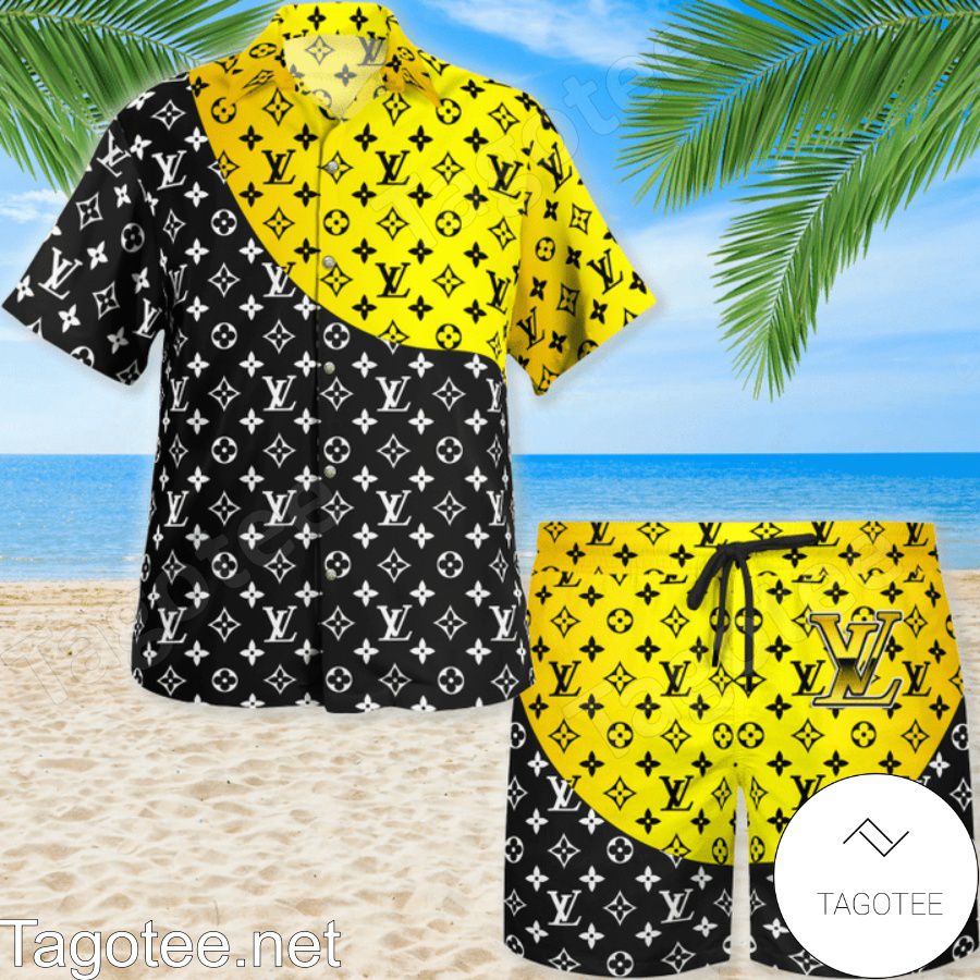 3D Louis Vuitton Monogram Black Mix Yellow Hawaiian Shirt And Beach Shorts
