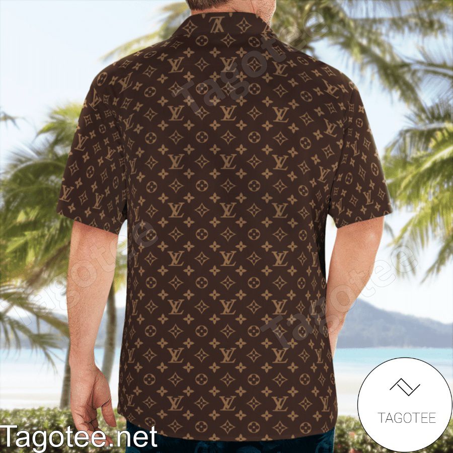 Present Louis Vuitton Monogram With Big Golden Logo Dark Brown Hawaiian Shirt And Beach Shorts