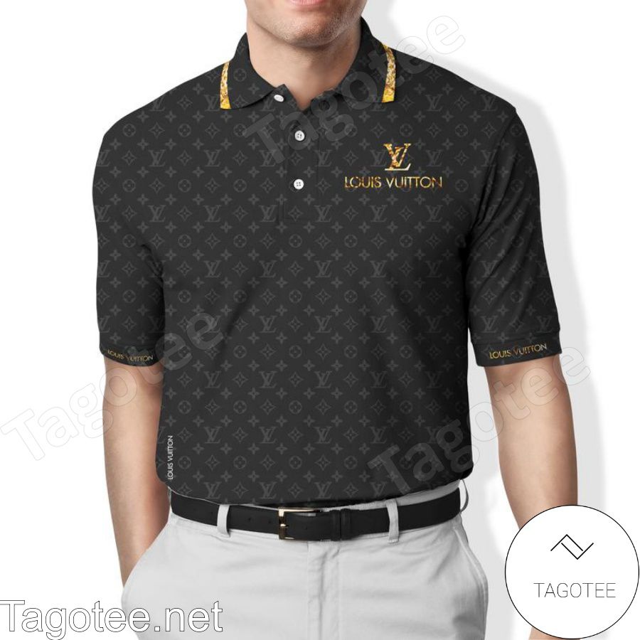 Louis Vuitton Monogram With Gold Logo On Chest Black Polo Shirt - Tagotee