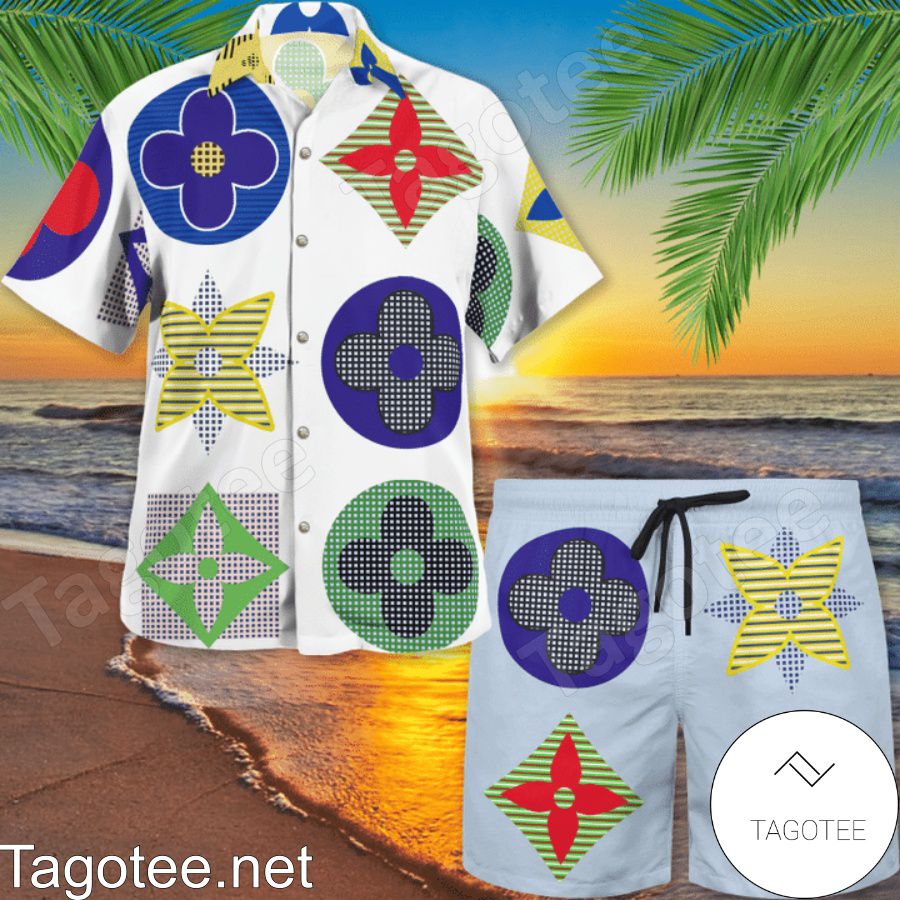Louis Vuitton Multicolor Flower Logo Hawaiian Shirt And Beach Shorts