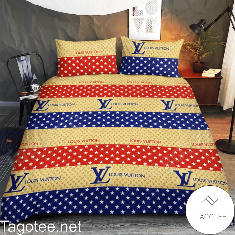 Louis Vuitton Stars Monogram Navy Red And Yellow Horizontal Stripes Bedding Set