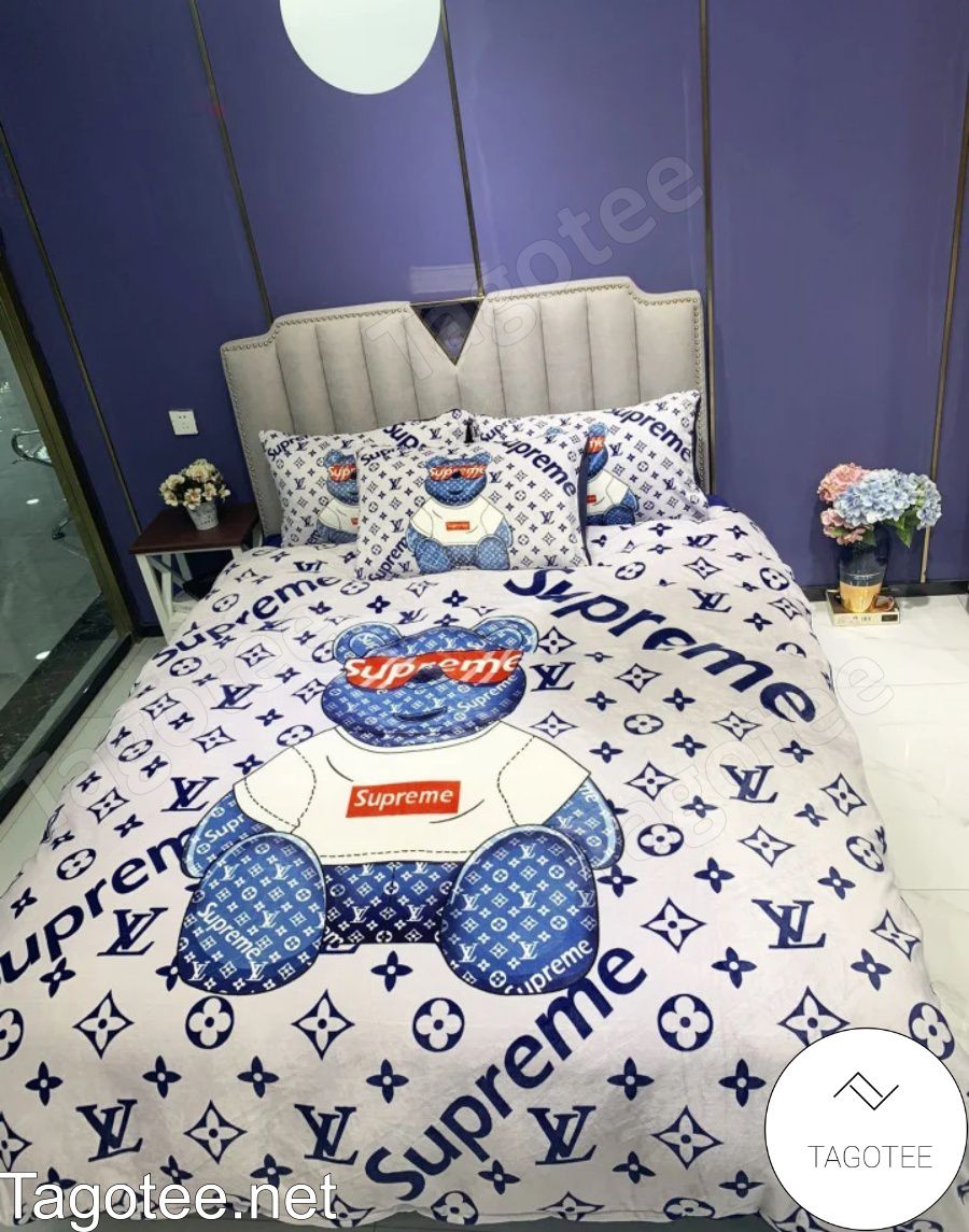 Louis Vuitton x Supreme Teddy Bear With Blue Monogram In White Background Bedding  Set - Mugteeco