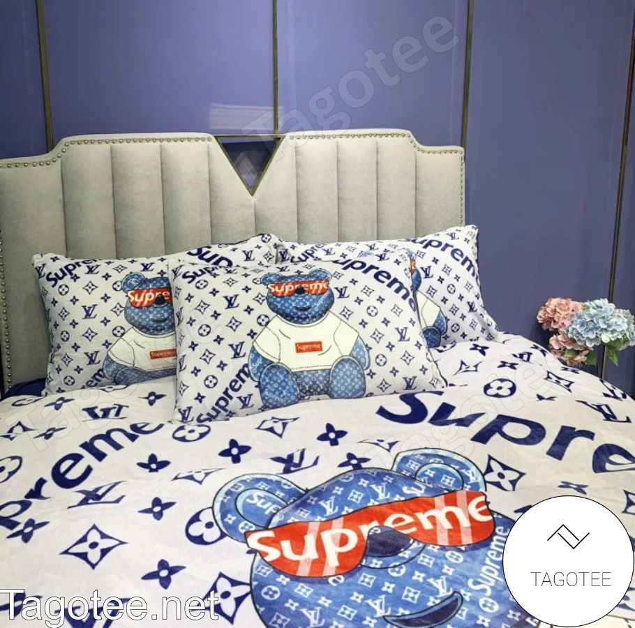 Louis Vuitton Supreme Bear Monogram Blue White Bedding Set - Tagotee