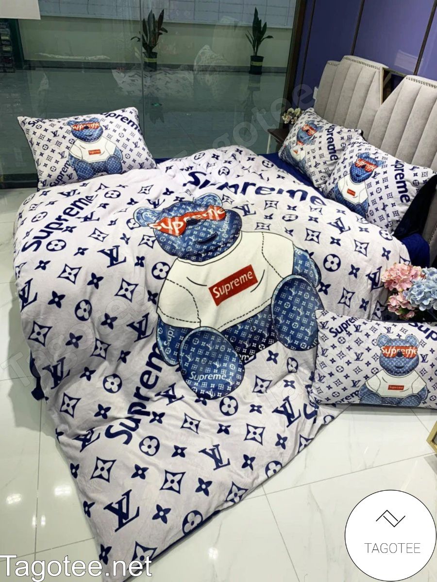 Louis Vuitton x Supreme Blue Monogram Bedding Set Queen