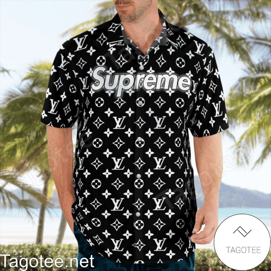 Louis Vuitton Supreme Monogram Black Hawaiian Shirt And Beach Shorts a