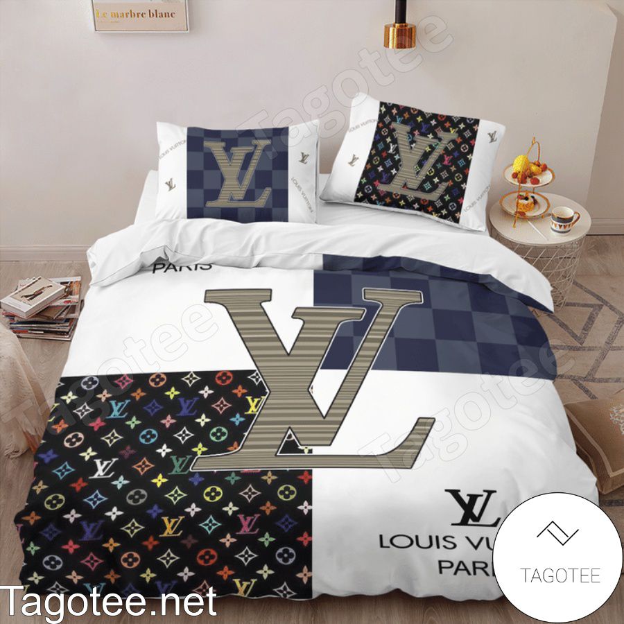Louis Vuitton White Mix Multicolor Monogram Black And Navy Checkerboard Bedding Set