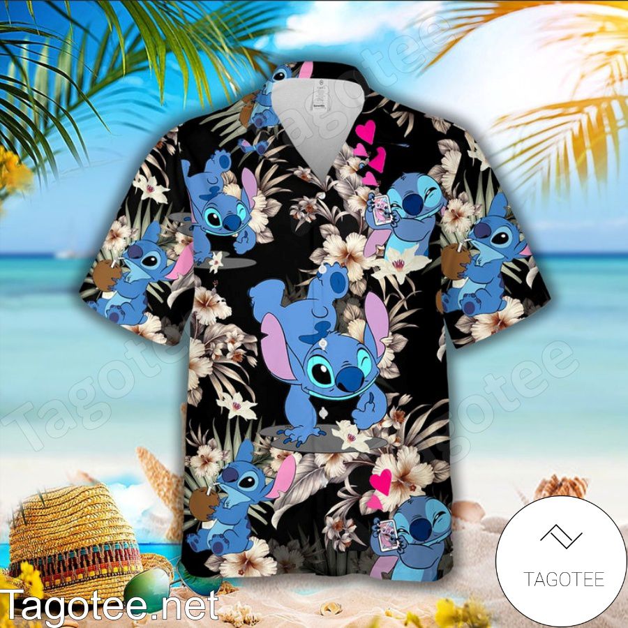 Lovely Stitch Disney Cartoon Graphics Hibicus Black Hawaiian Shirt And Short