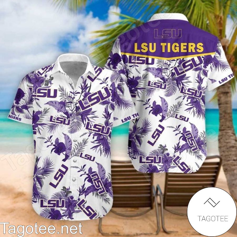Lsu Tigers Purple Tropical Pattern White Hawaiian Shirt