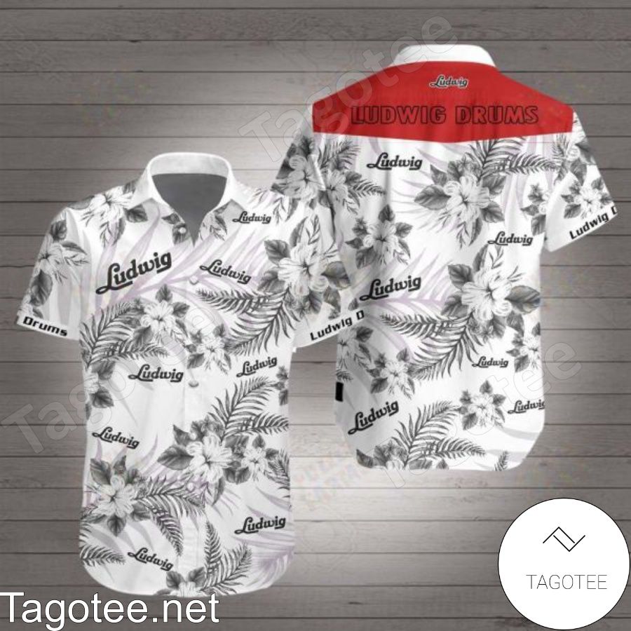 Ludwig Drums Grey Tropical Pattern White Hawaiian Shirt