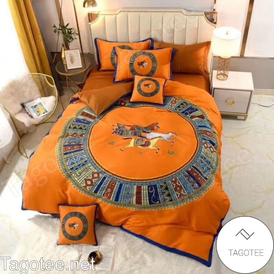 Luxury Horse In Circle With Ethnic Pattern Border Orange Bedding Set