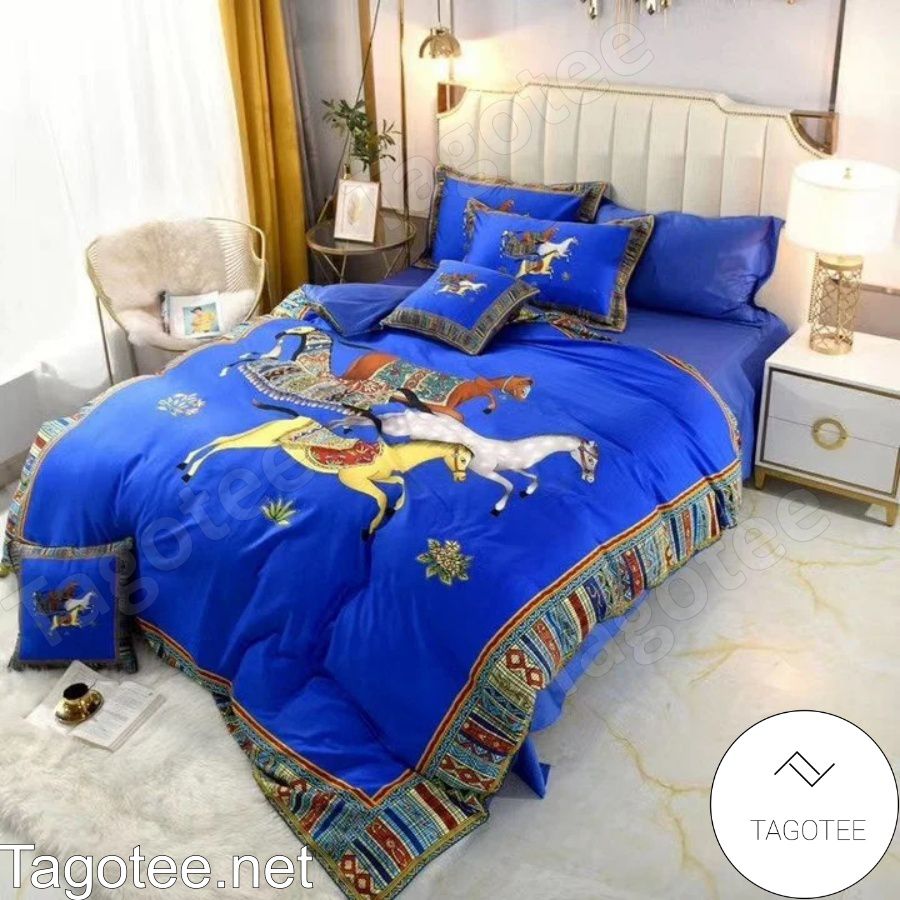 Luxury Horse With Ethnic Pattern Border Blue Bedding Set