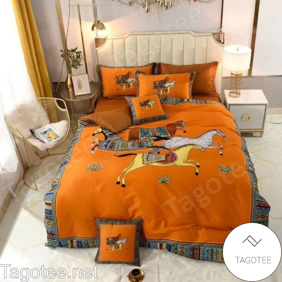 Luxury Horse With Ethnic Pattern Border Orange Bedding Set