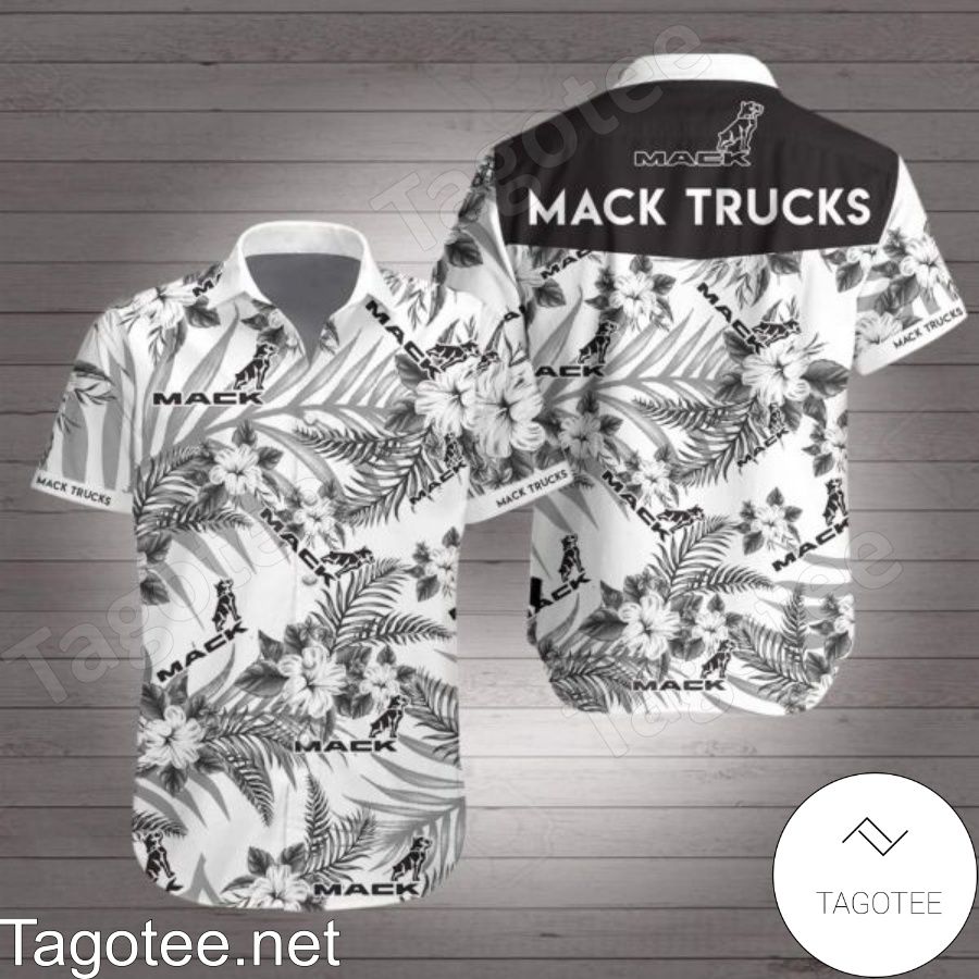 Mack Trucks Black Tropical Floral White Hawaiian Shirt