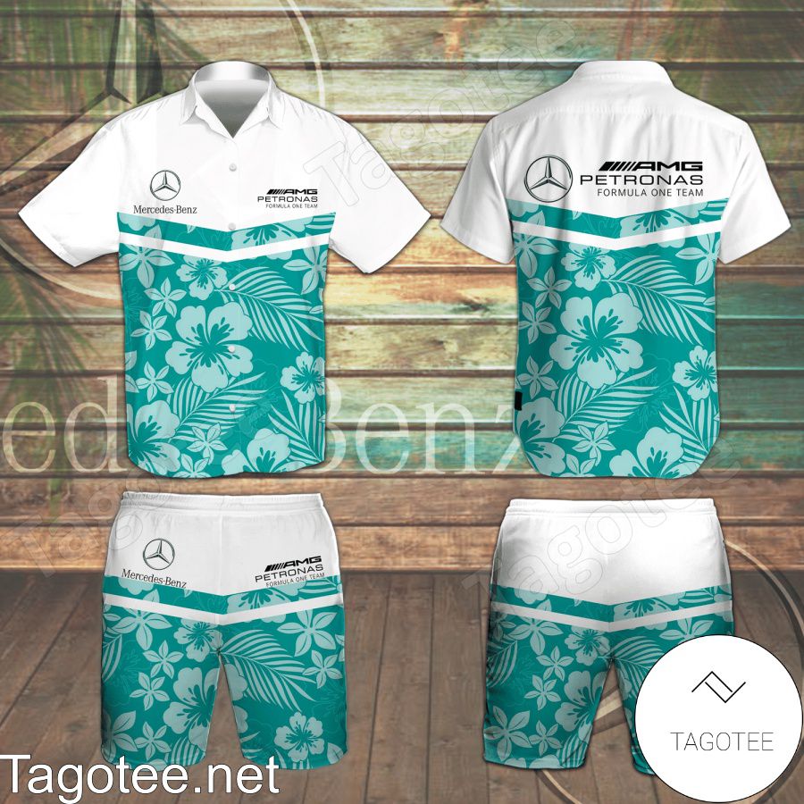 Mercedes AMG Petronas F1 Flowery White Turquoise Hawaiian Shirt And Short