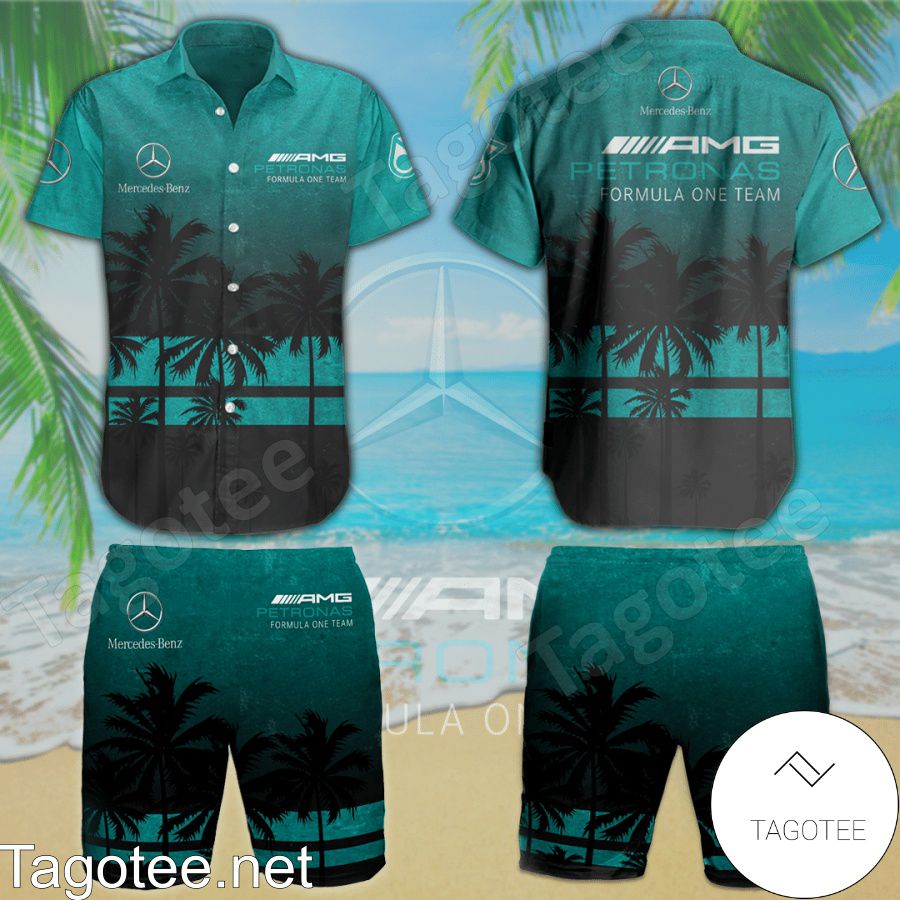 Mercedes AMG Petronas F1 Team Black Turquoise Hawaiian Shirt And Short