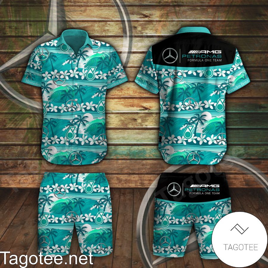 Mercedes AMG Petronas F1 Team Flowery Turquoise Hawaiian Shirt And Short