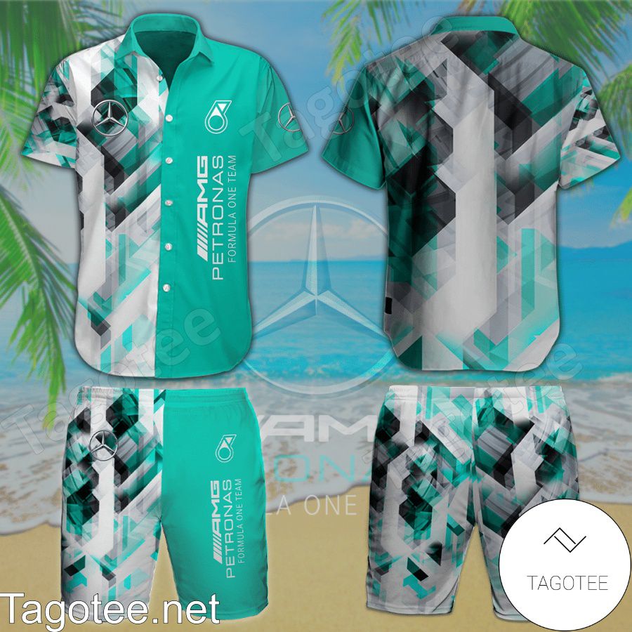 Mercedes AMG Petronas F1 Team Geometric Pattern Turquoise Hawaiian Shirt And Short